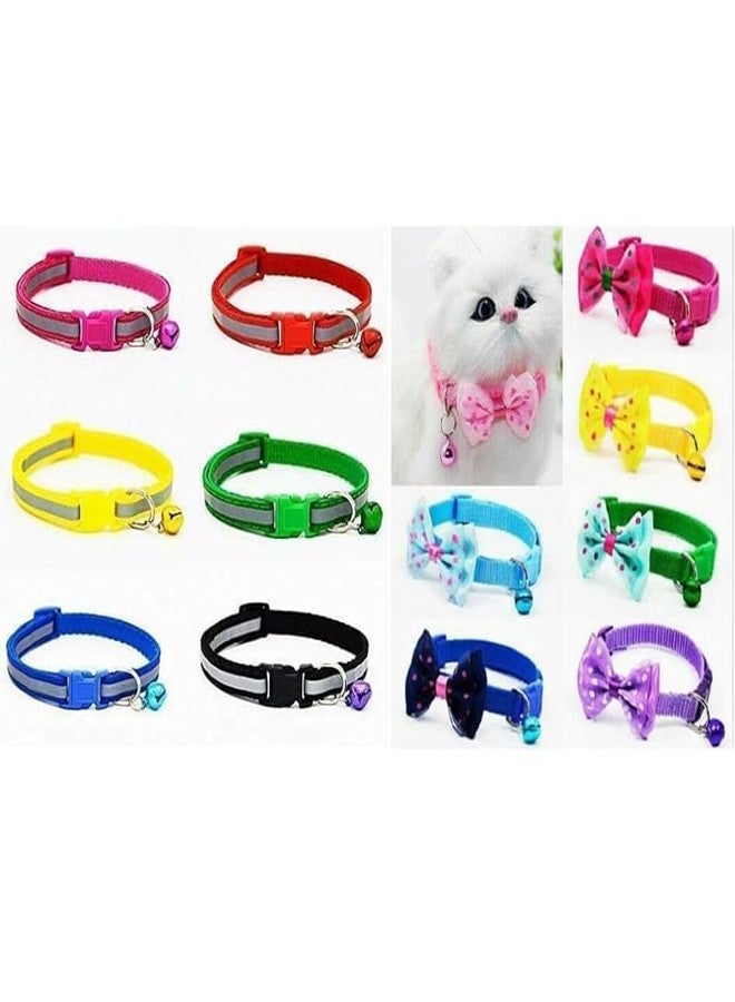 KittuPet Pack of 12 Collars - 6 Reflective and 6 Bow Tie Collars with Bell for Kitten Puppies Dog, 10 MM, Random Color - Image 1